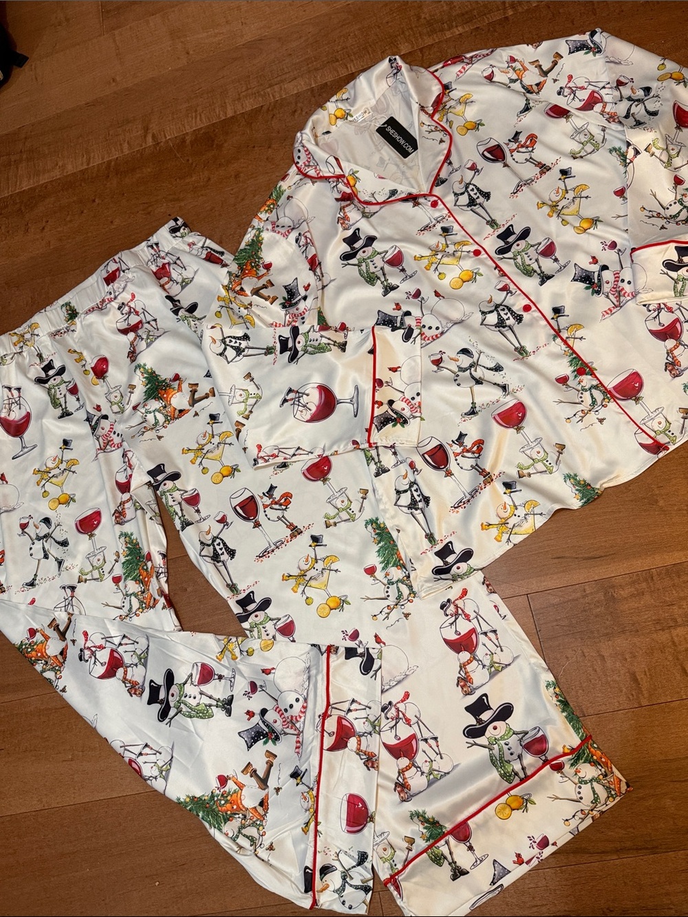 Women’s Holiday Satin Pajama Set in White with Festive Print